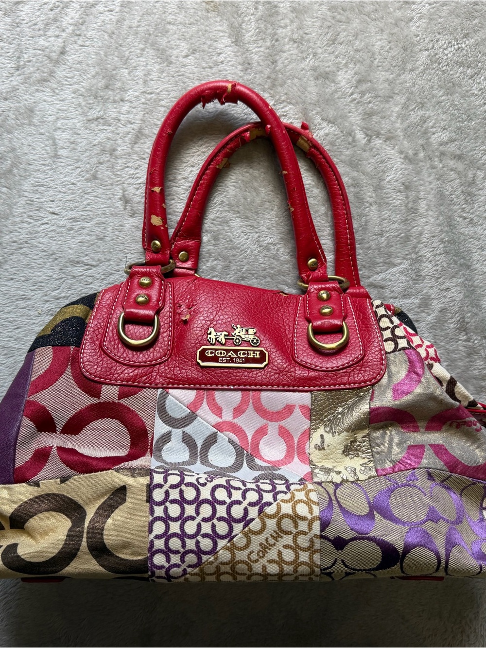 Coach Multicolor Patchwork Satchel with Red Leather Trim